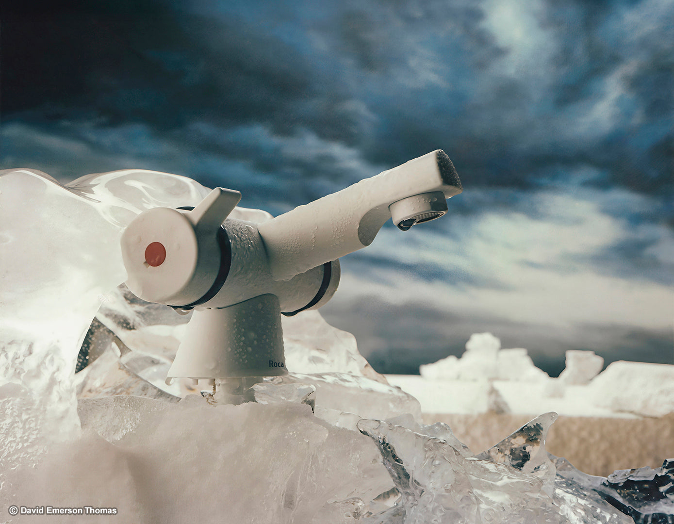 Sky Background & Miniature Landscape for Roca Tap Brochure (Sky 03) acrylic on canvas & sculpted styrofoam icebergs by Australian artist David E Thomas, 1995. Heaven Pictures Studio - South Yarra, Victoria, Australia