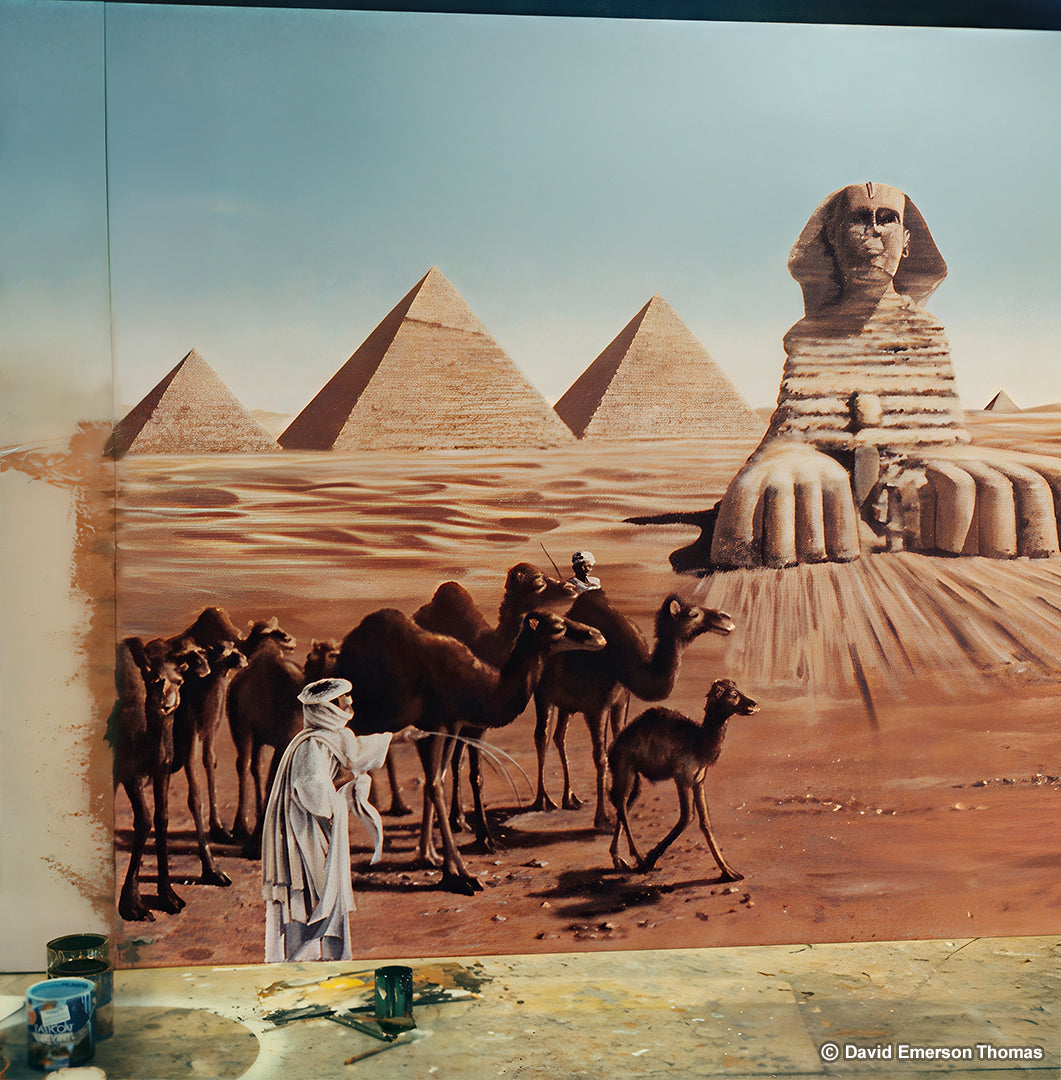 Egypt Holiday Prize Backdrop in Progress for The Price Is Right (TV Show) acrylic scenery paint on canvas by Australian artist David E Thomas, 1988. Festival Hall - South Melbourne, Victoria, Australia