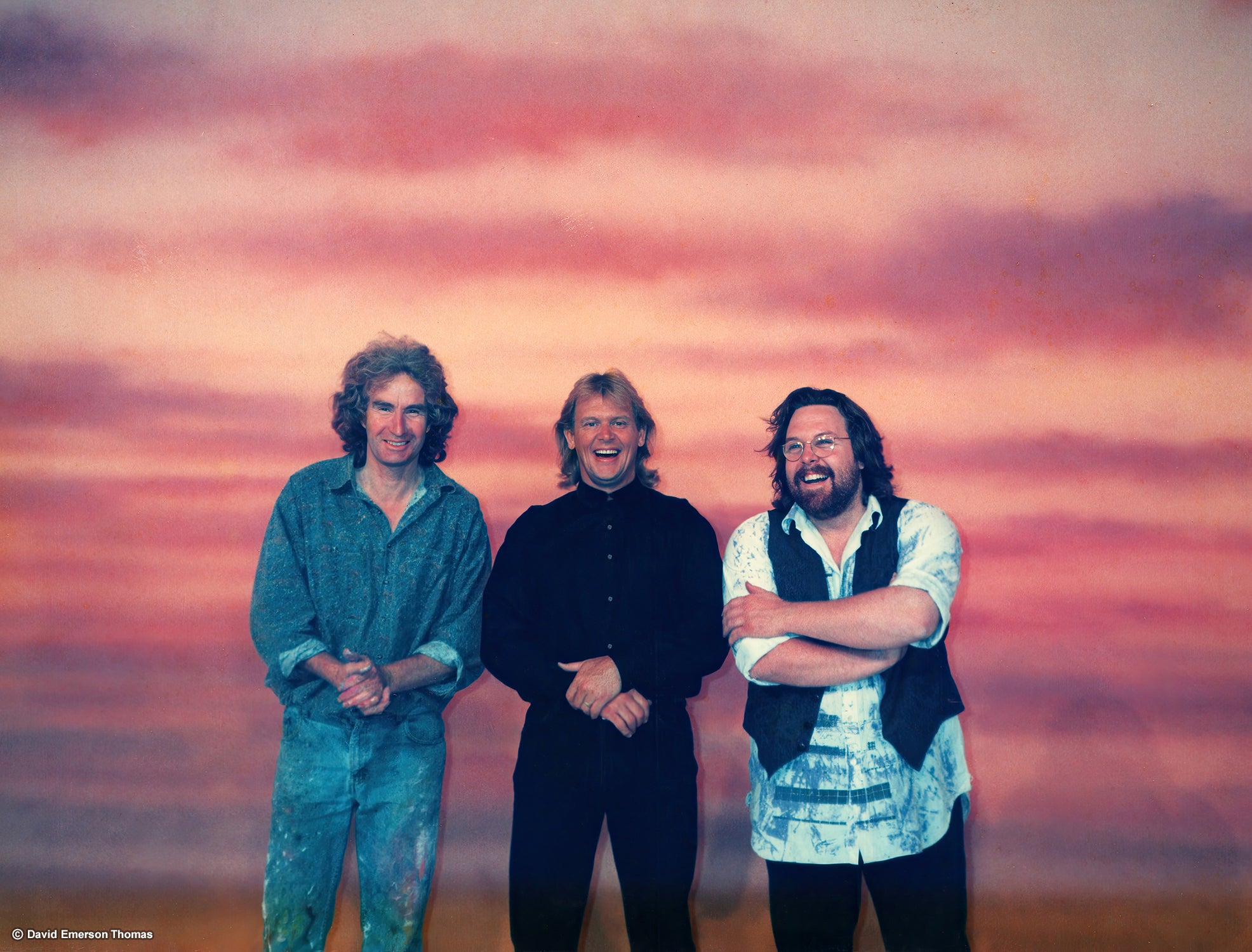 Music Video Backdrop for Australian Icon John Farnham (From left to right: David E Thomas, John Farnham, Clayton Jacobson) airbrushed acrylic on canvas (20 metres x 5 metres) by Australian artist David E Thomas, 1993. Illusions Studio - Port Melbourne, Victoria, Australia
