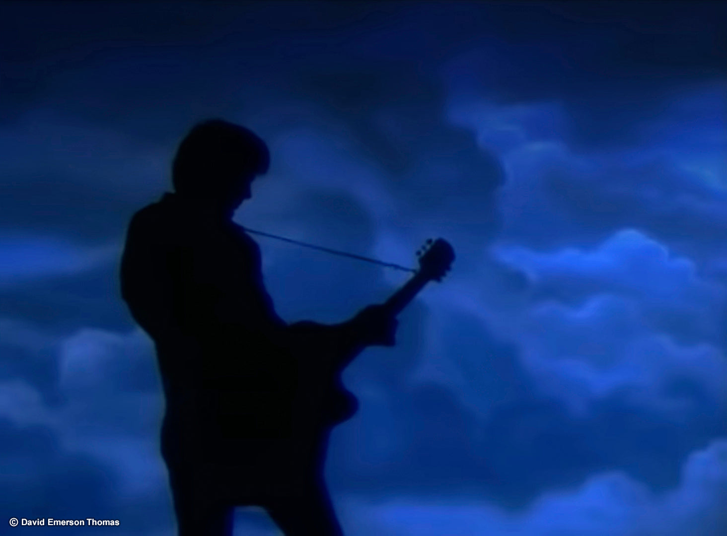 Music Video Still - Backdrop for Australian Icon John Farnham (Moody Clouds) airbrushed acrylic on canvas (20 metres x 5 metres) by Australian artist David E Thomas, 1993. Illusions Studio - Port Melbourne, Victoria, Australia