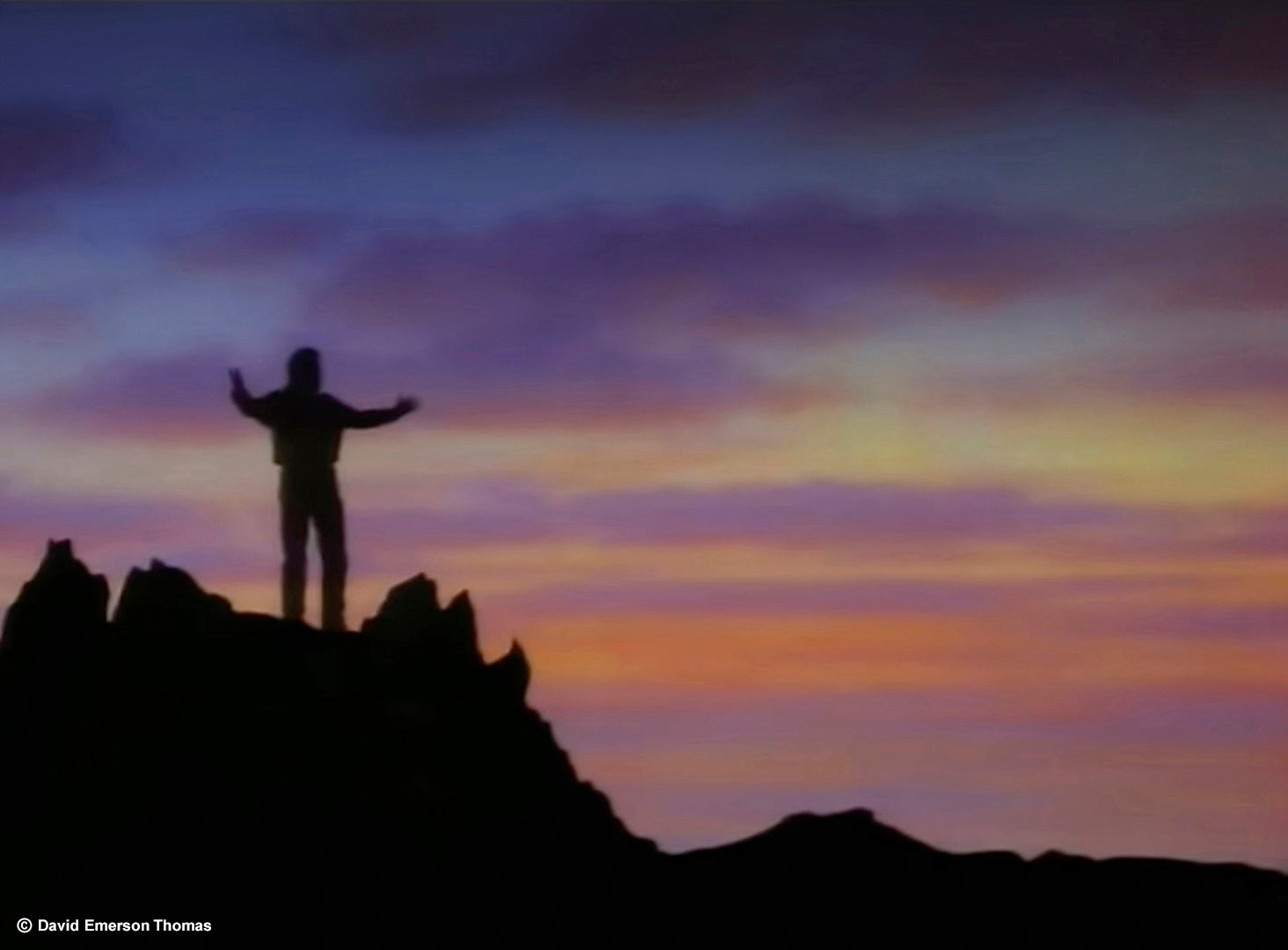 Music Video Still - Backdrop for Australian Icon John Farnham (Dramatic Sunset 02) airbrushed acrylic on canvas (20 metres x 5 metres) by Australian artist David E Thomas, 1993. Illusions Studio - Port Melbourne, Victoria, Australia
