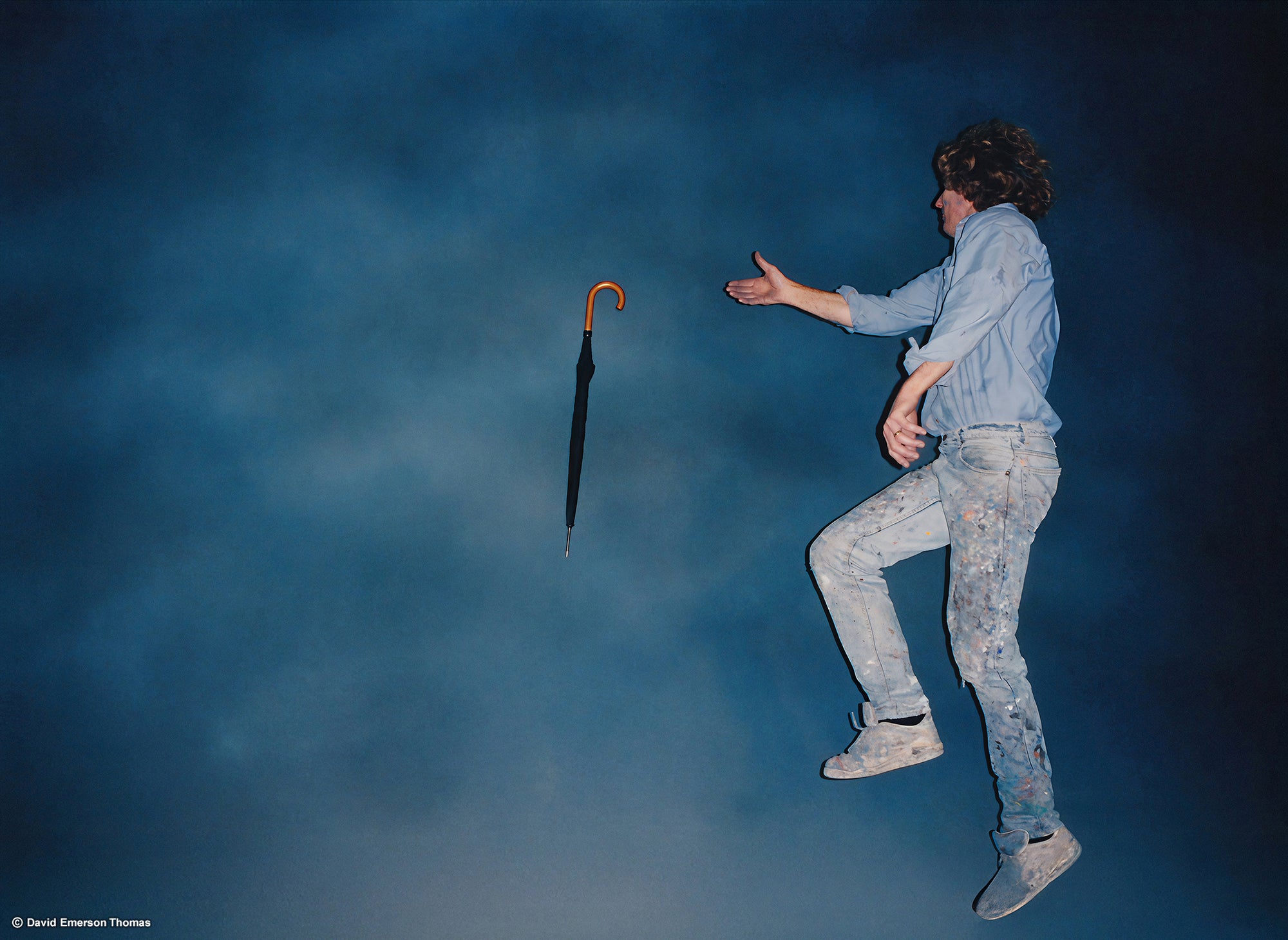 Test Shot Against Backdrop for Fashion Editorial (David being David ☂) scenic paint on canvas (6 metres x 4 metres) by Australian artist David E Thomas, Circa 2000. Heaven Pictures Studio - South Yarra, Victoria, Australia